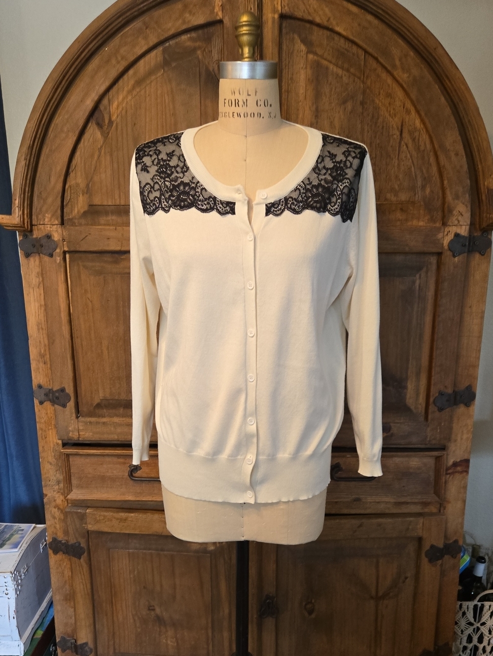 Lane Bryant Cream Cardigan with Black Lace Detail